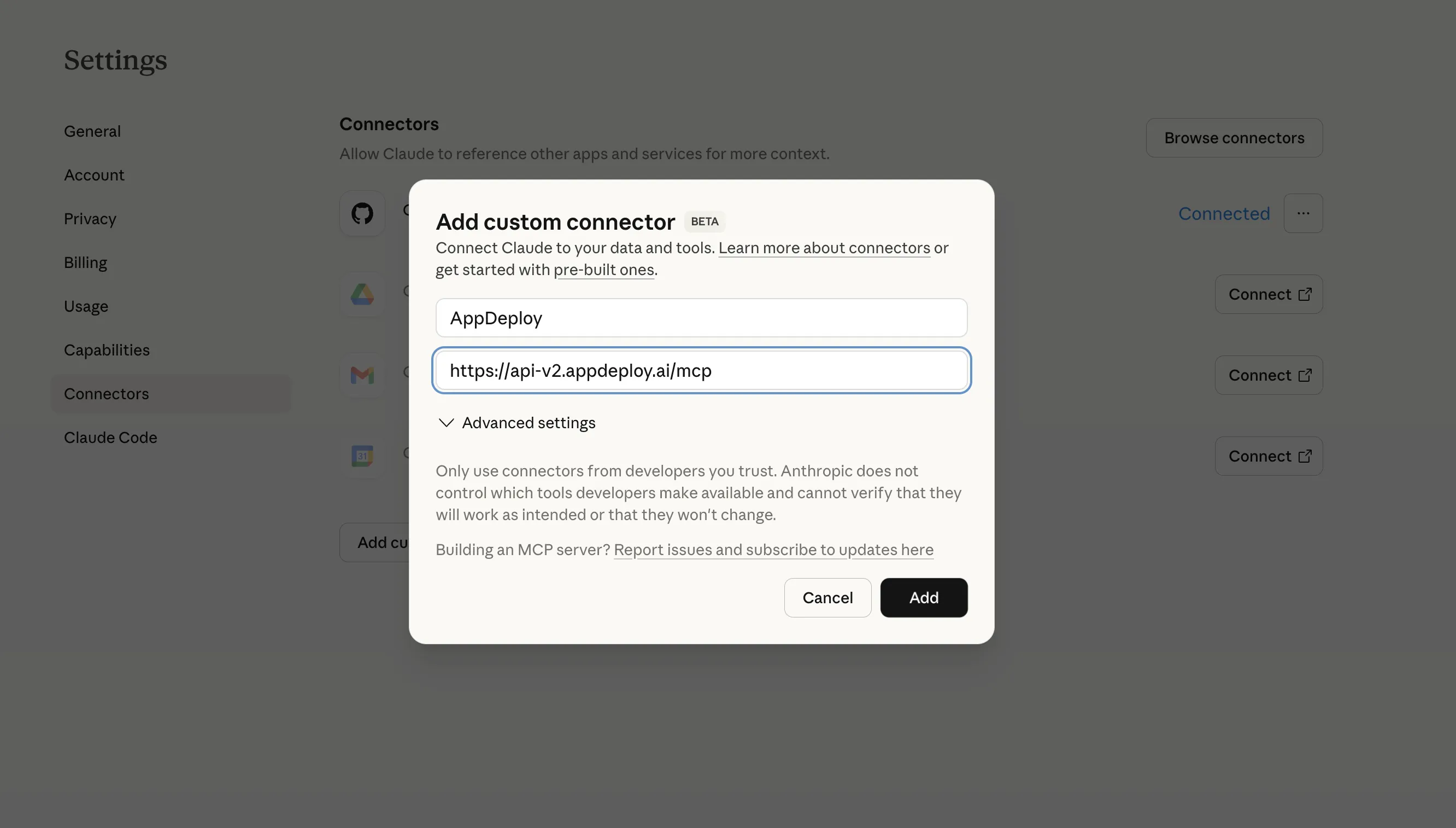 Add custom connector with Name and URL