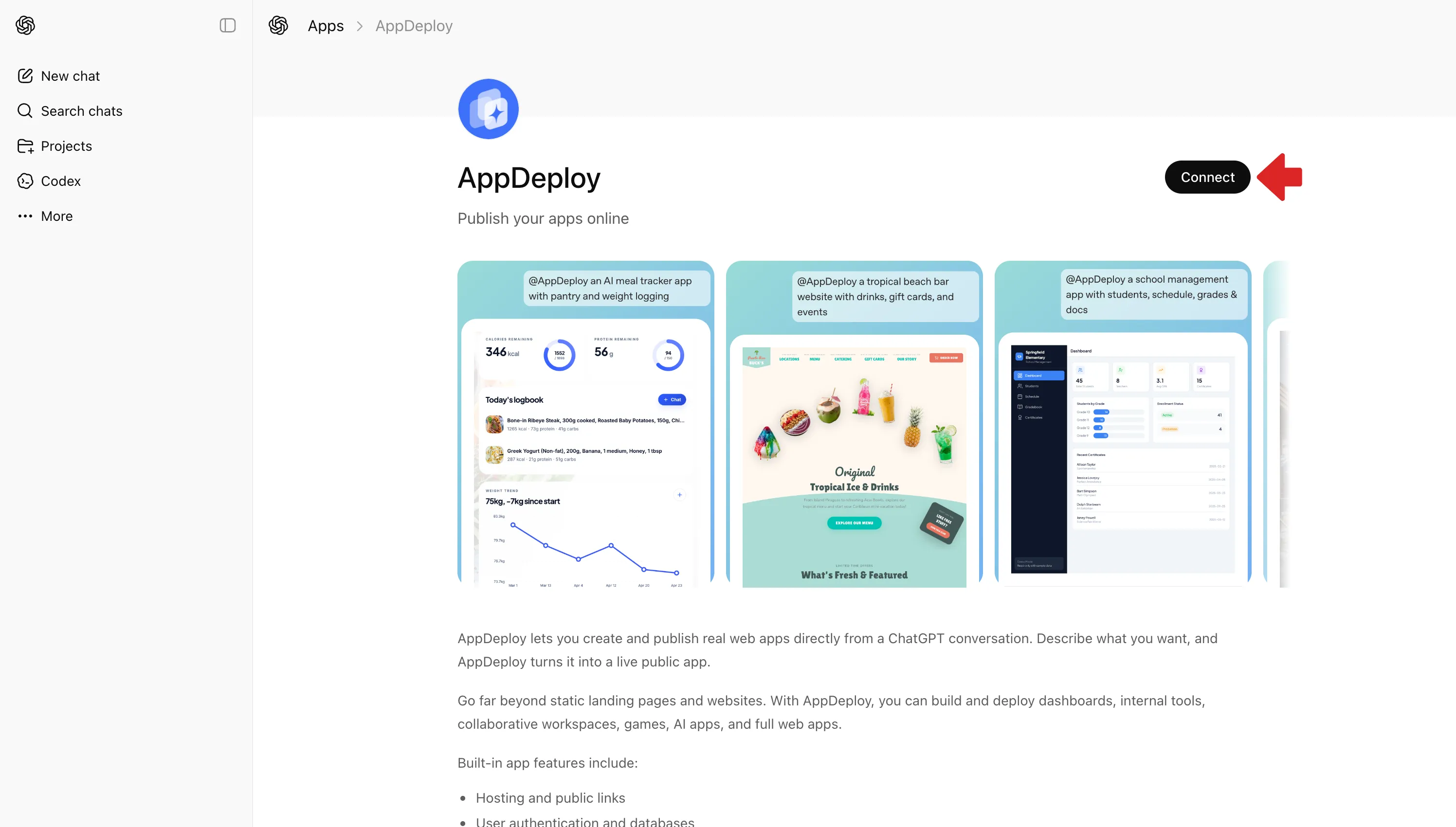 AppDeploy ChatGPT Apps listing with Connect button