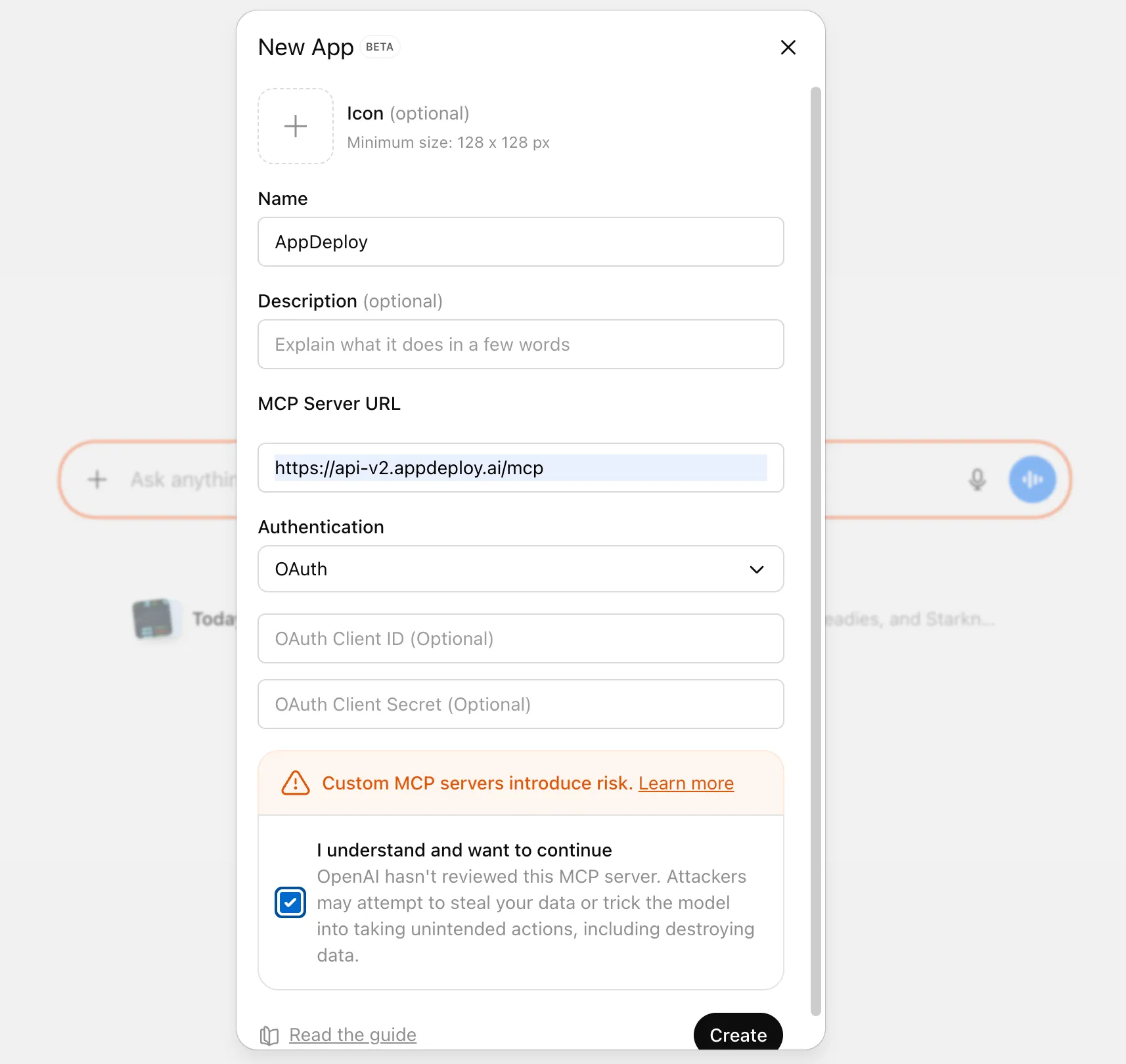 Fill in app details and click Create
