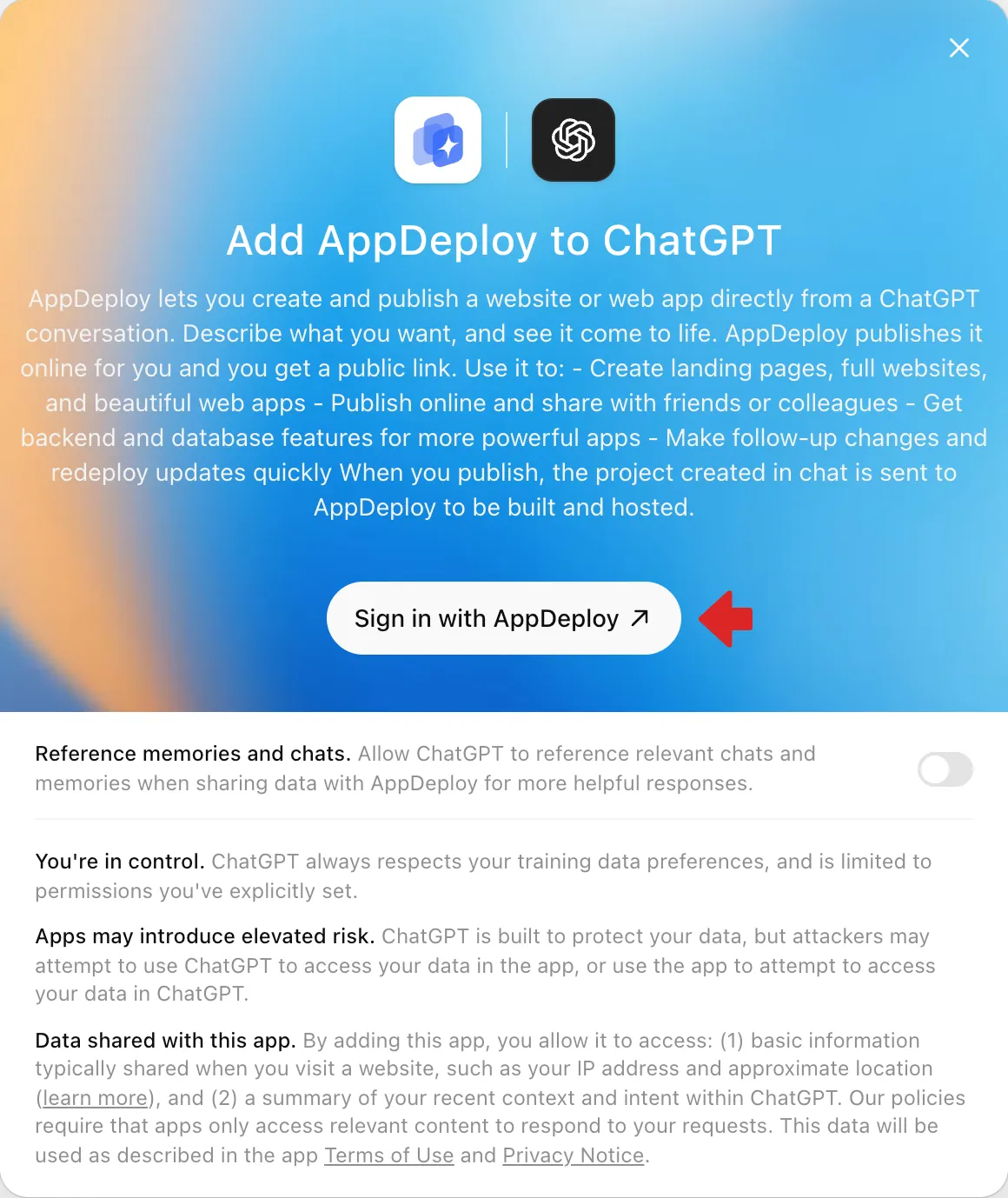 Add AppDeploy to ChatGPT popup with Sign in with AppDeploy button