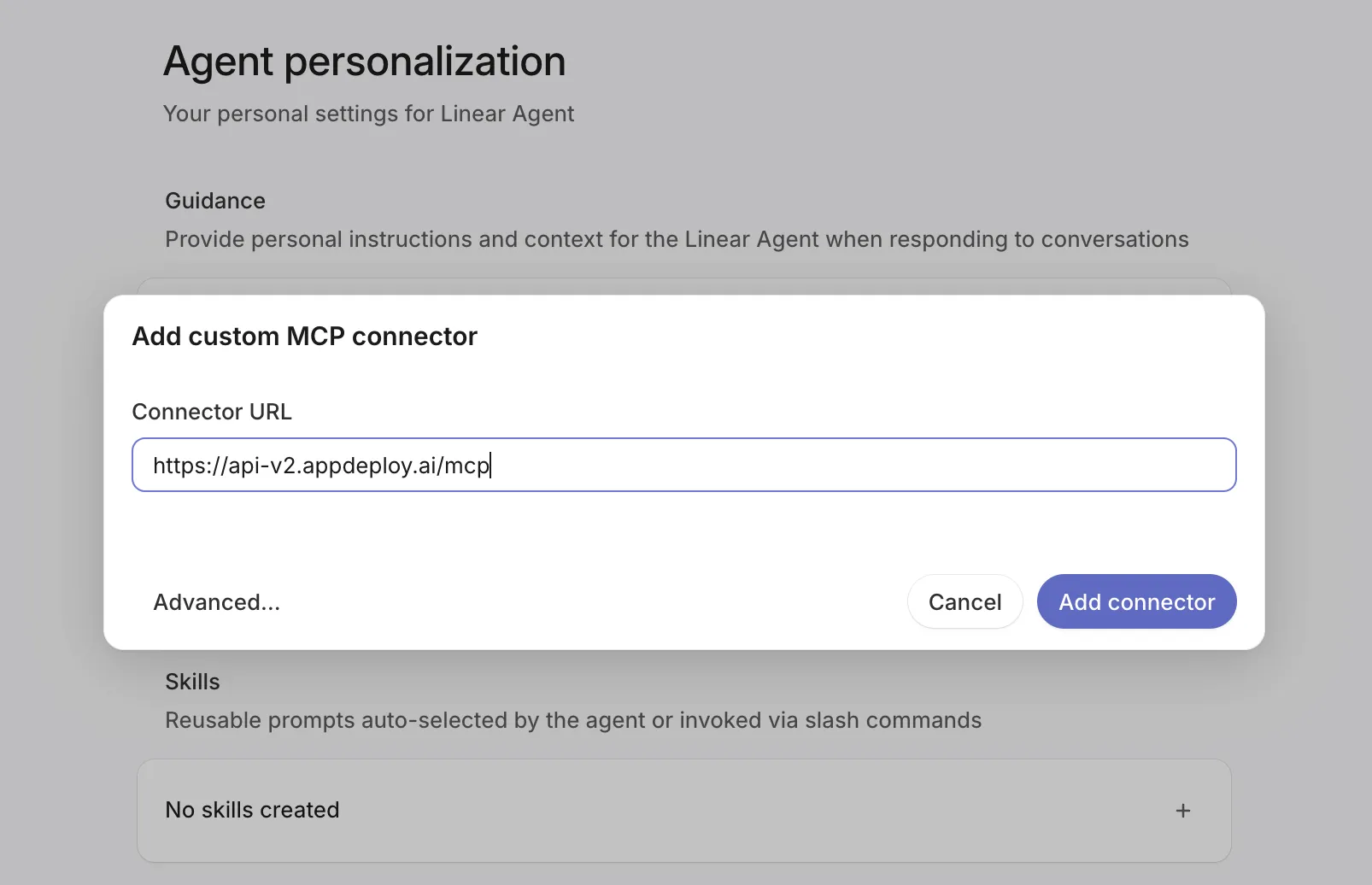Add custom MCP connector popup in Linear with the AppDeploy MCP URL