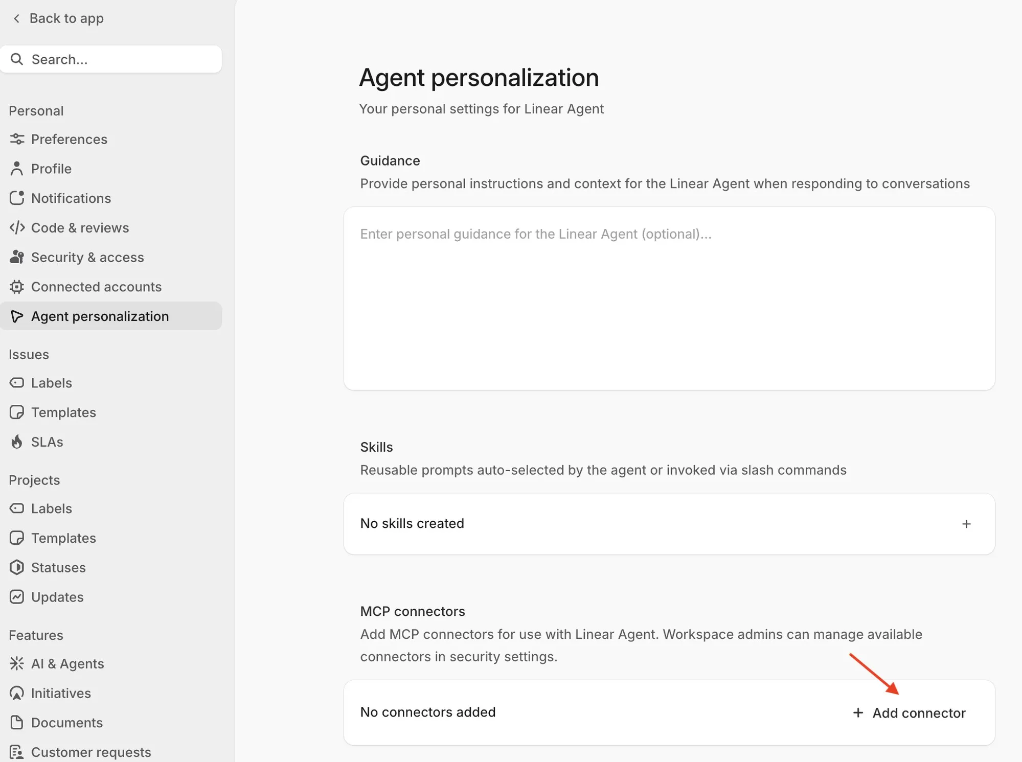 MCP connectors section in Linear Agent personalization with the Add connector button