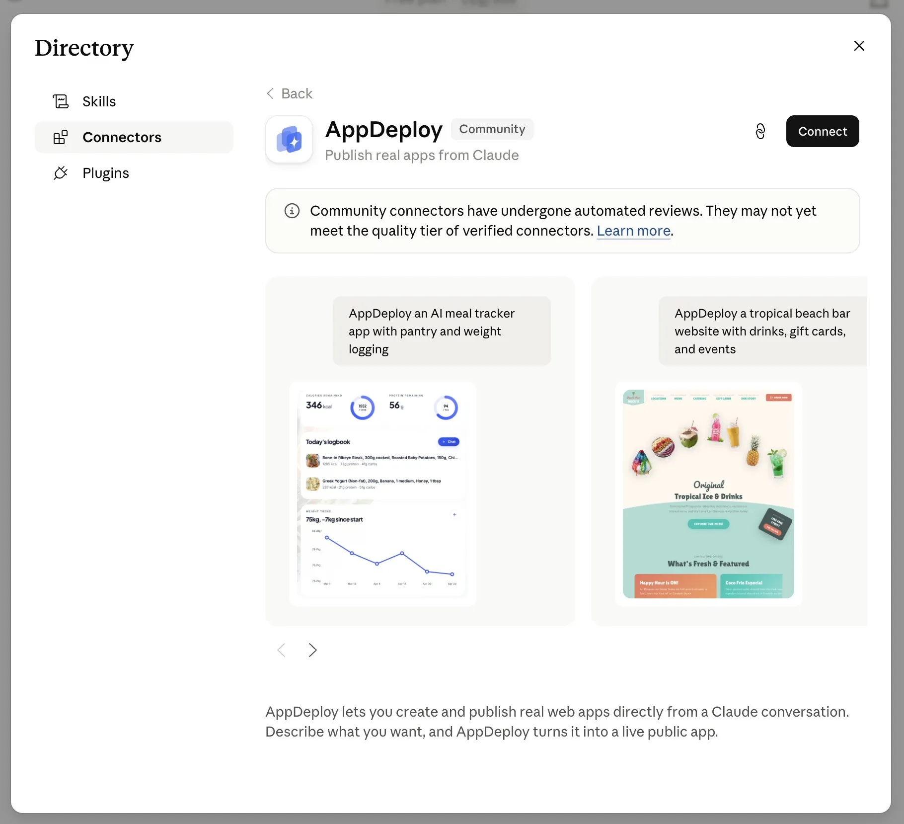 AppDeploy connector listing in the Claude Directory with the Connect button