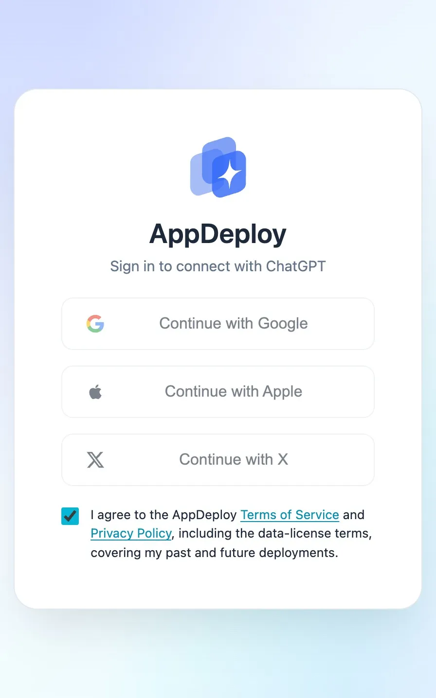 AppDeploy sign-in screen with Google, Apple, and X options