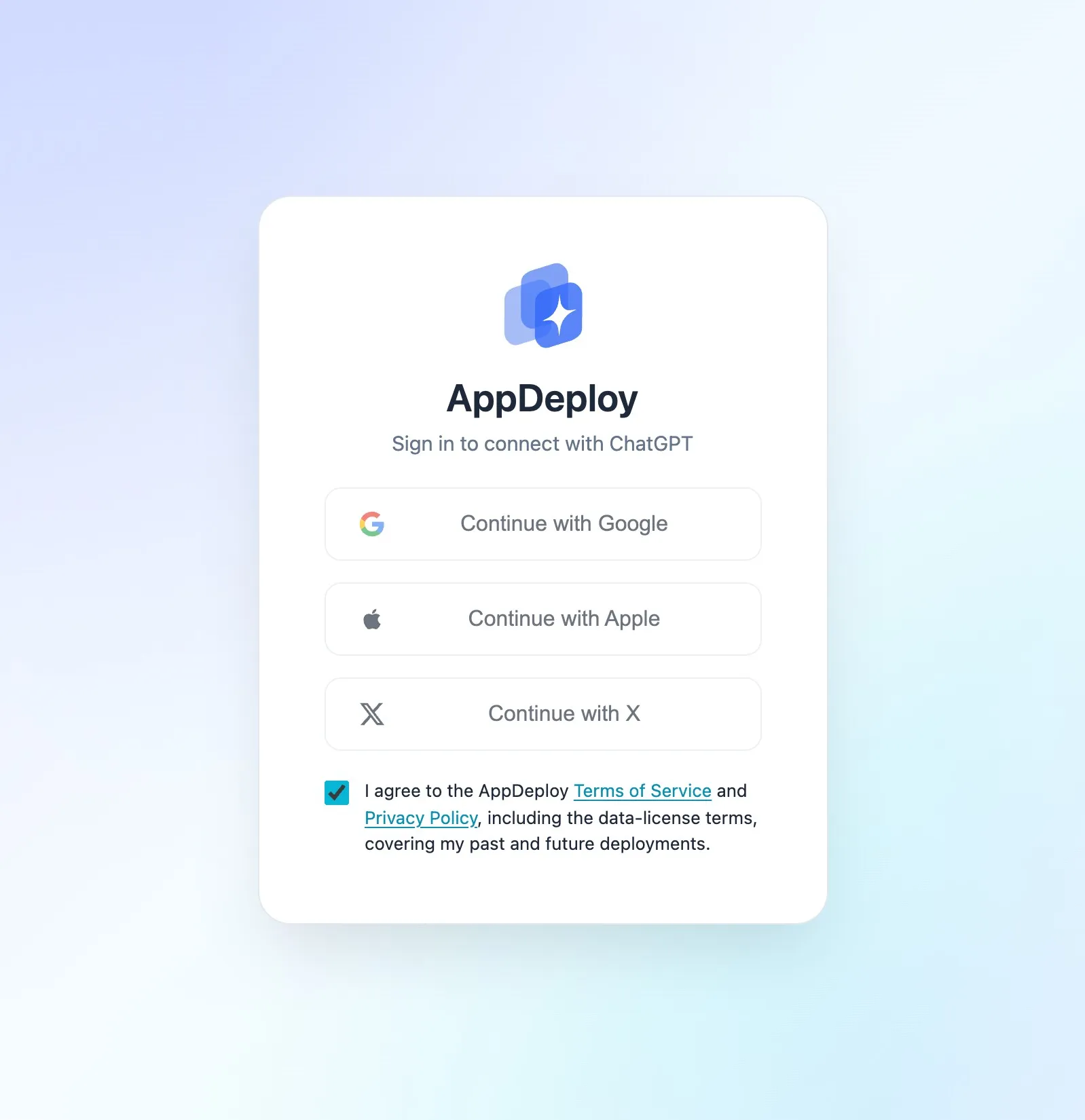 AppDeploy sign-in screen with Google, Apple, and X options