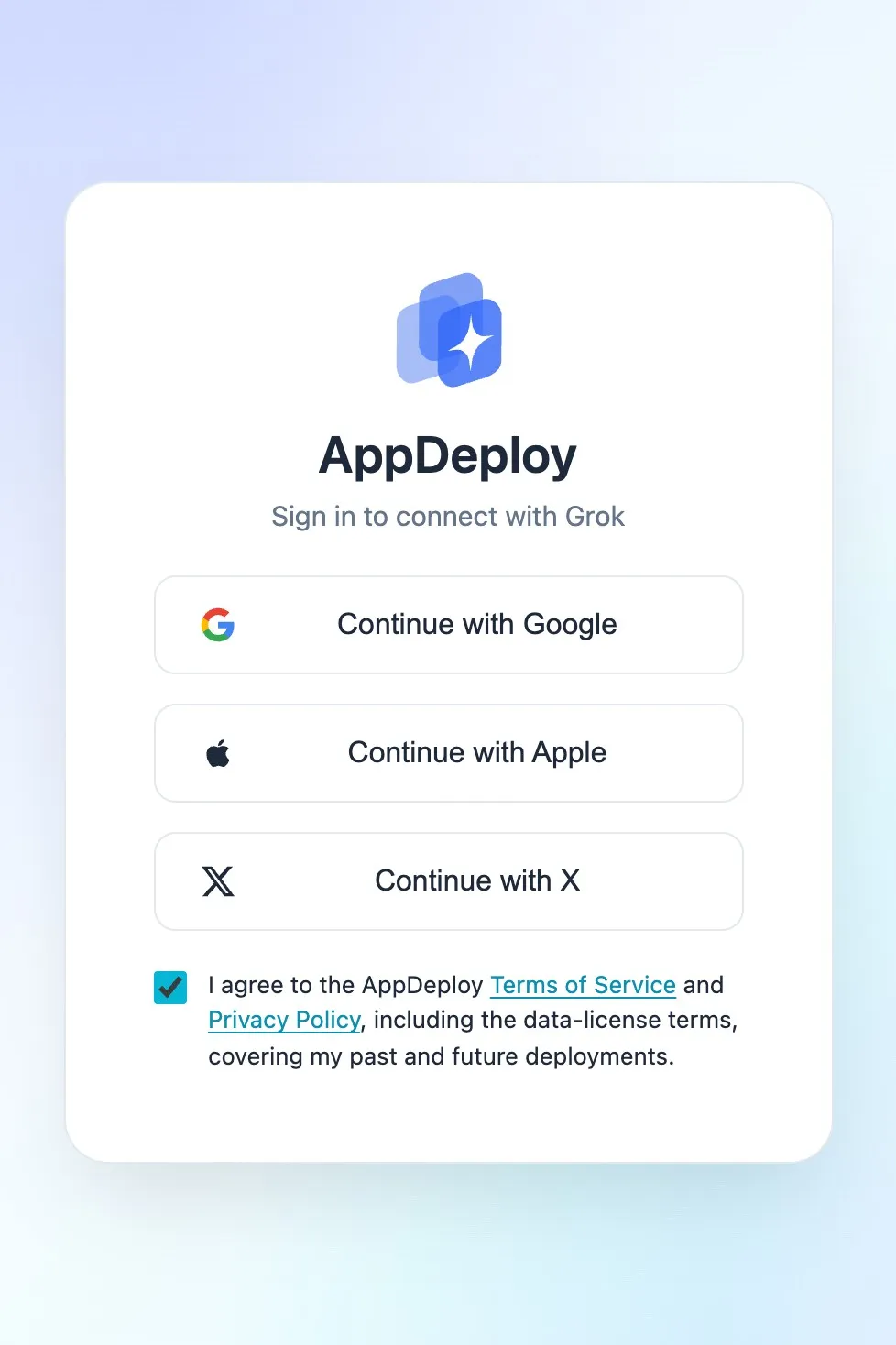 AppDeploy sign-in screen with Google, Apple, and X options