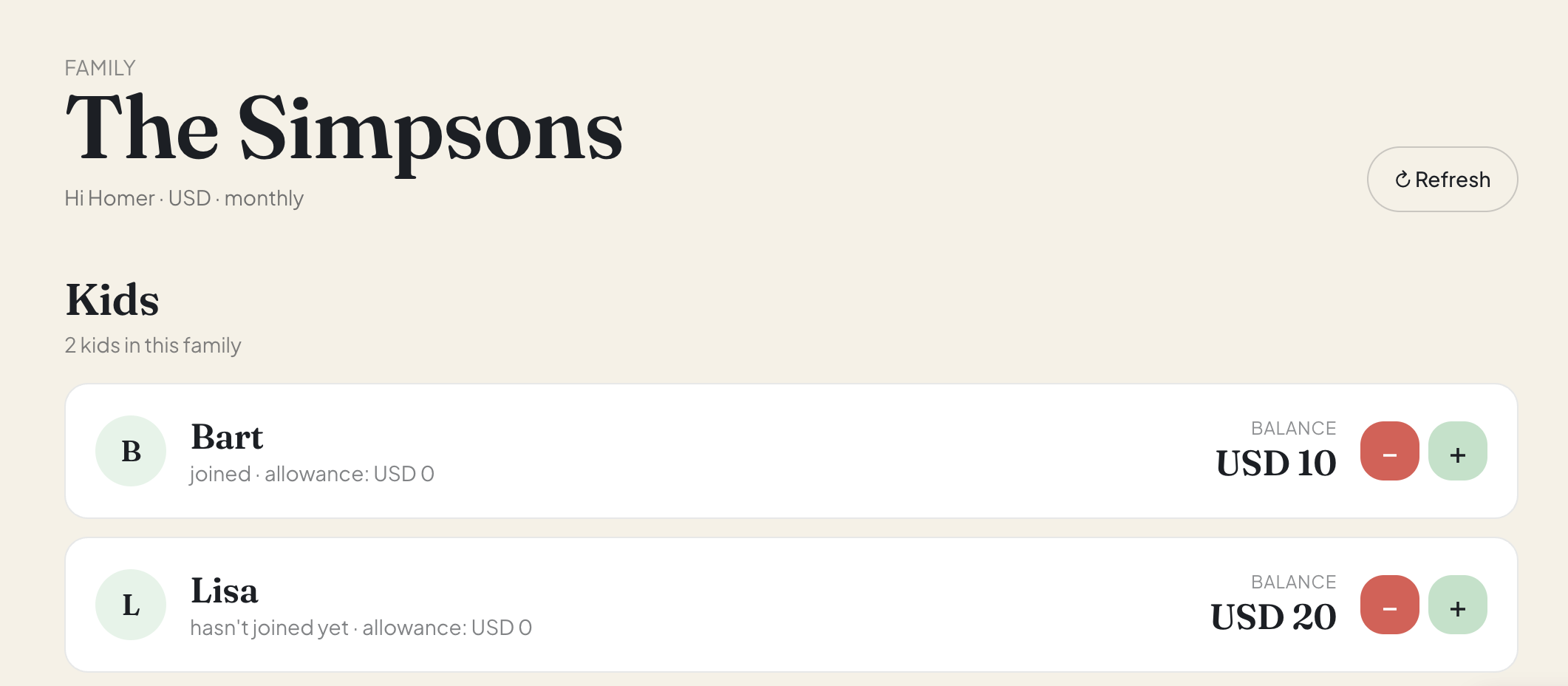 Parent dashboard in the allowance app for kids