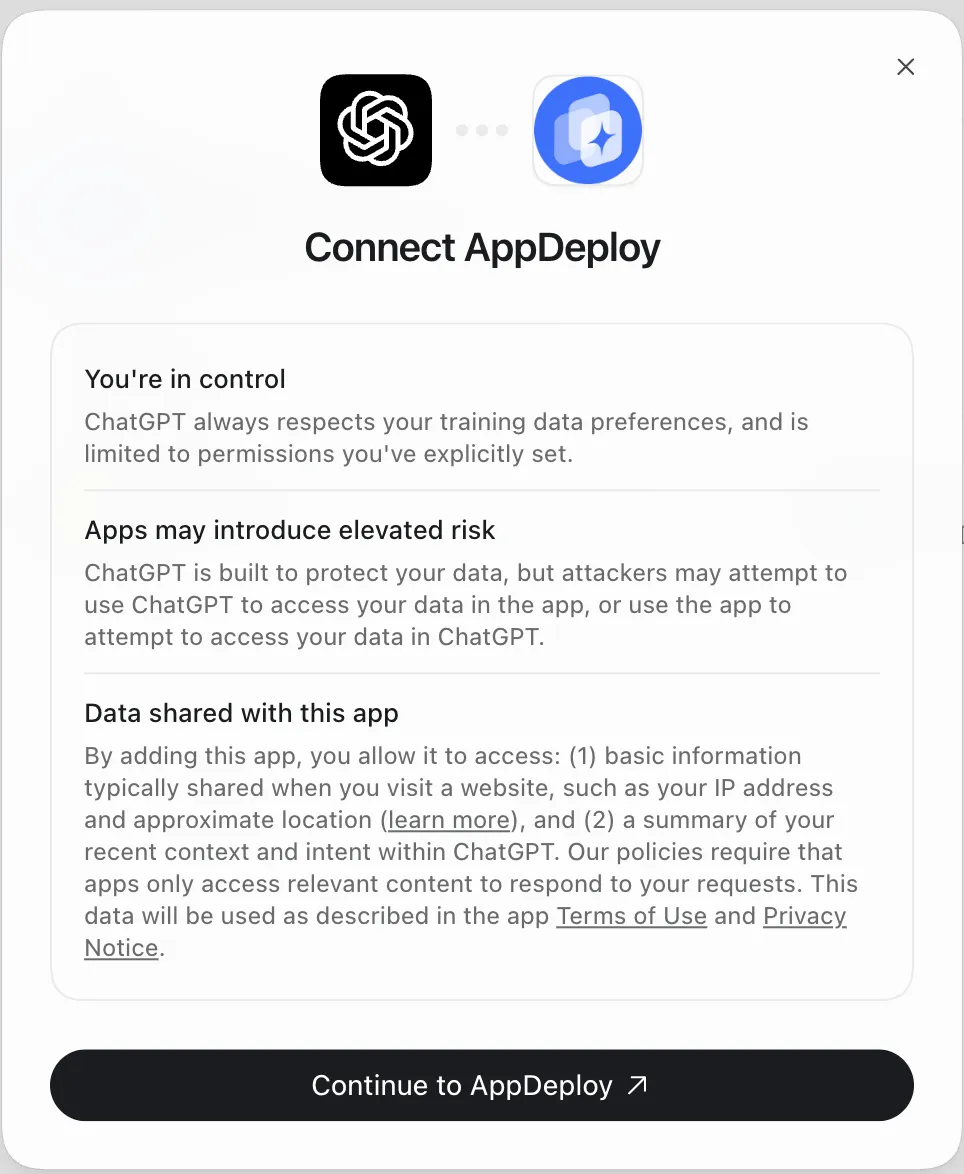 Connect AppDeploy dialog with the Continue to AppDeploy button