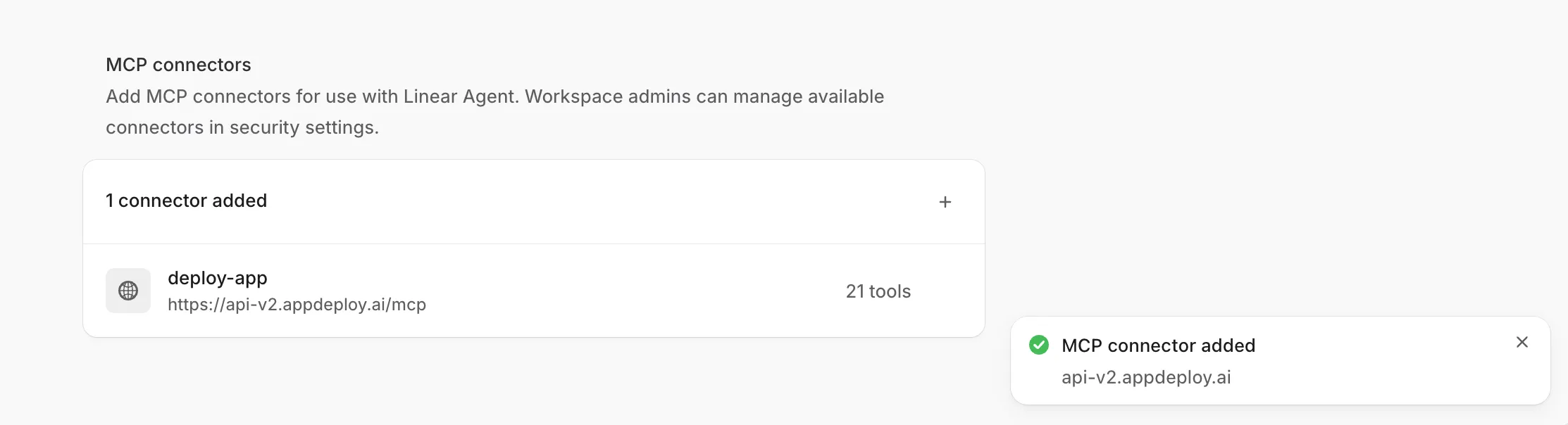 deploy-app connector added in Linear with its tool count