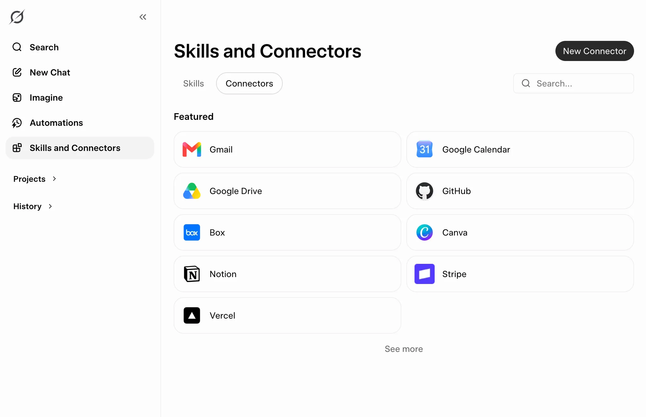 Connectors tab in Grok with the New Connector button