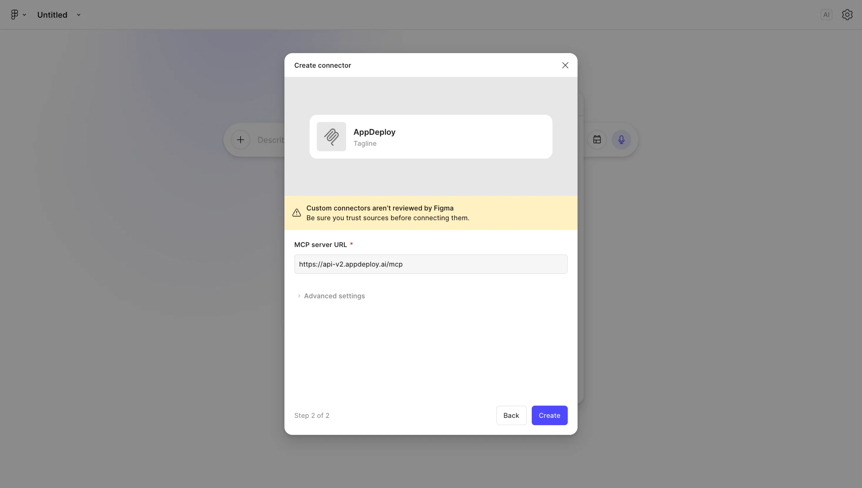 Enter the AppDeploy MCP server URL and click Create