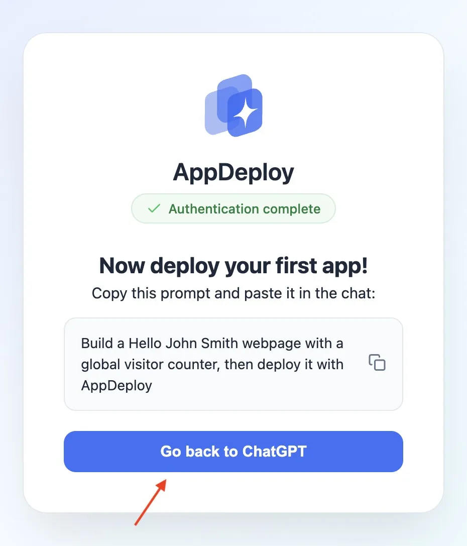 Authentication complete screen with the Go back to ChatGPT button