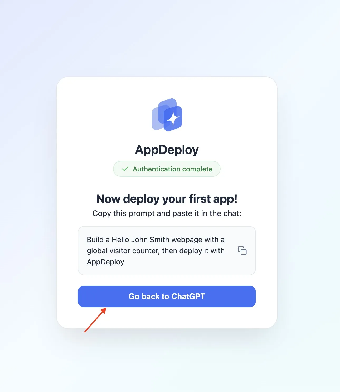 Authentication complete screen with the Go back to ChatGPT button
