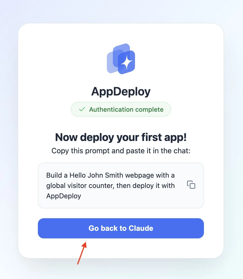 Authentication complete screen with the Go back to Claude button