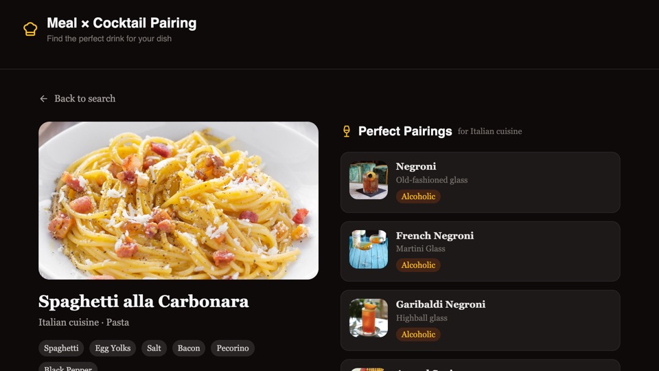 Meal & Cocktail Pairing app preview