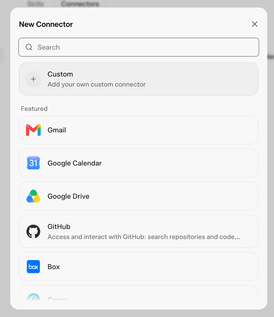 Custom option in the Grok New Connector popup