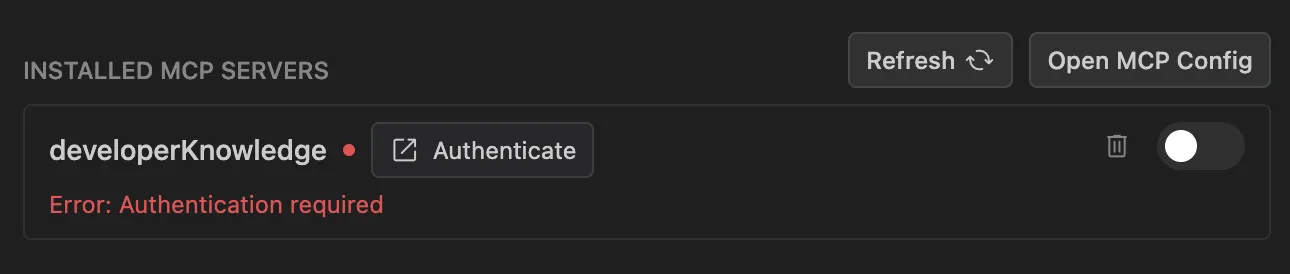 Antigravity OAuth settings with an Authenticate button next to an example MCP server