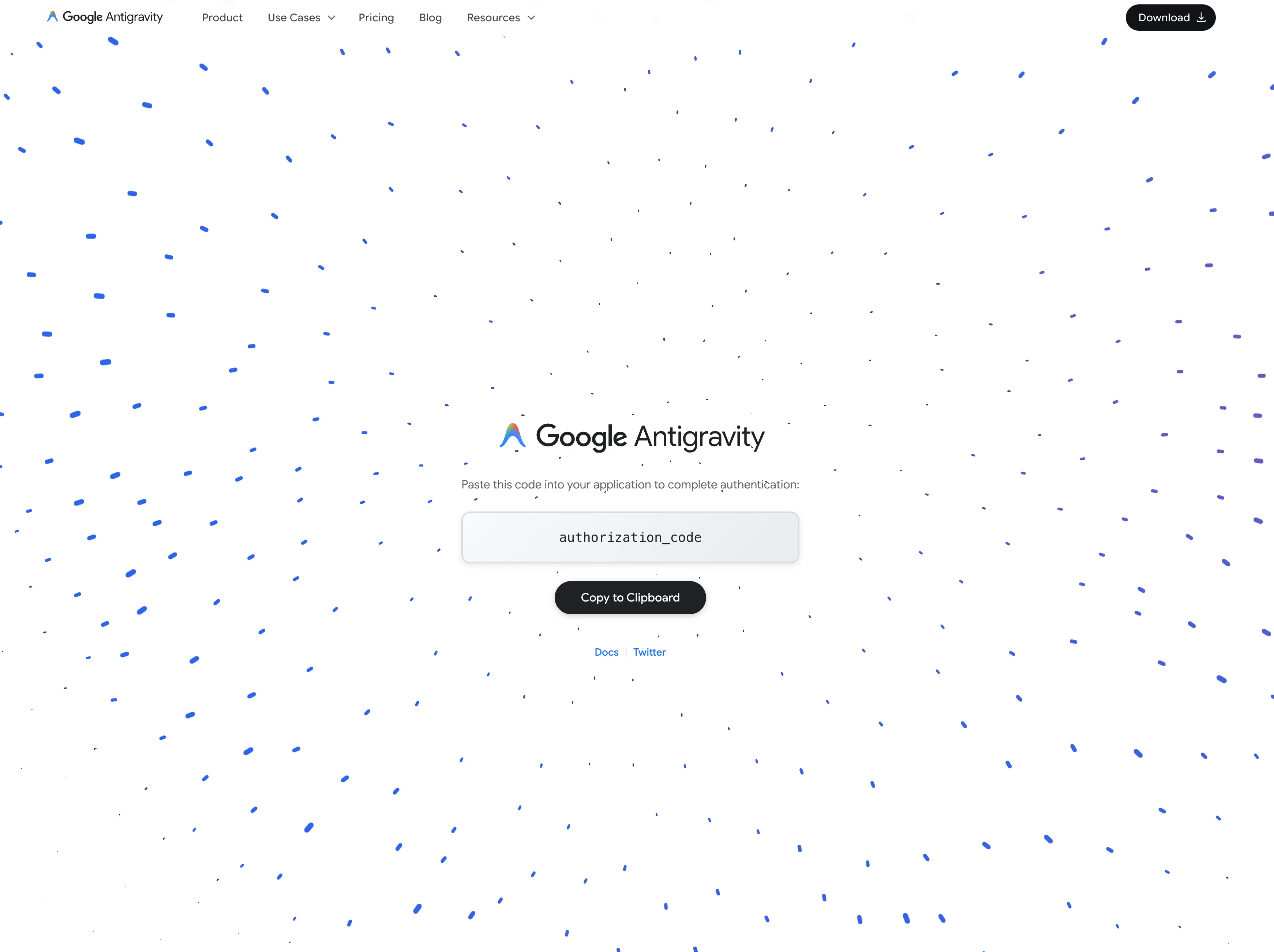 Google Antigravity callback page with an authorization code and Copy to Clipboard button