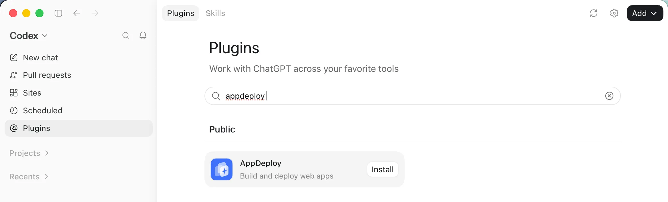 AppDeploy in the Codex App Plugins page with the Install button
