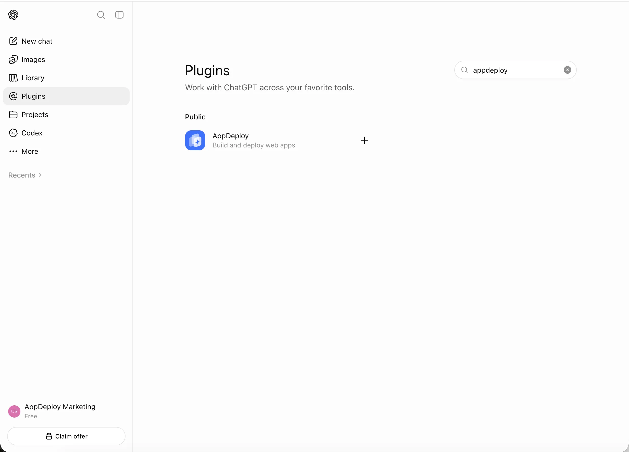 AppDeploy in the ChatGPT Plugins page with the + connect button