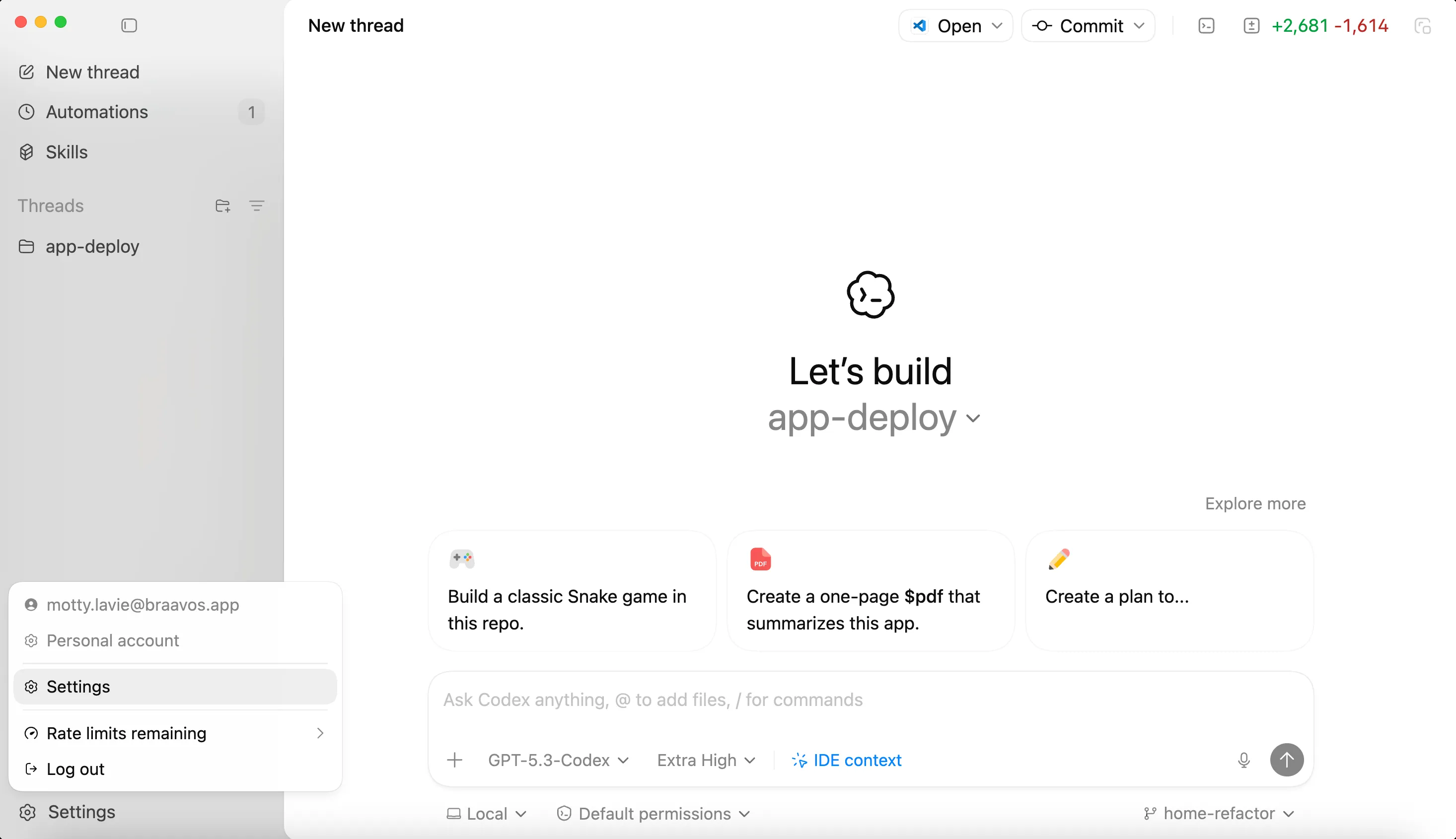 Open Settings in Codex App