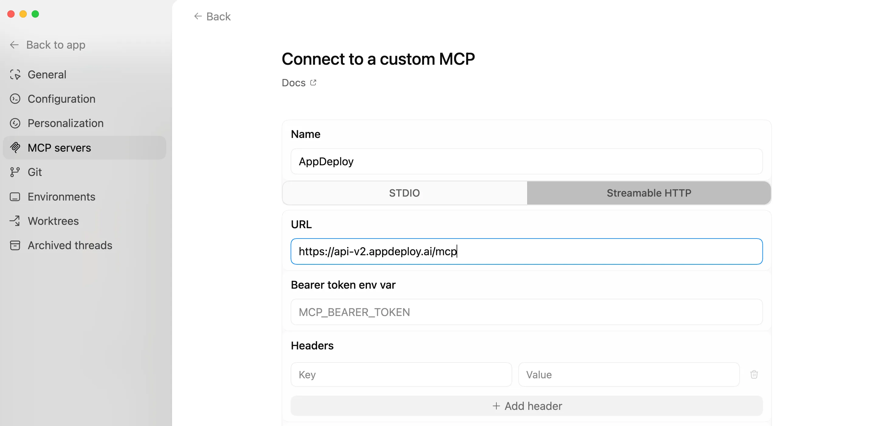 Set STREAMABLE HTTPS, Name and URL, then click SAVE