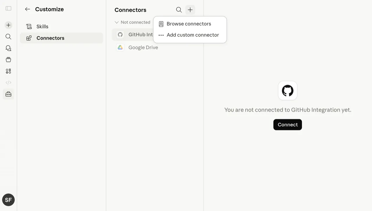 Click the plus icon and choose Add custom connector in Claude Connectors