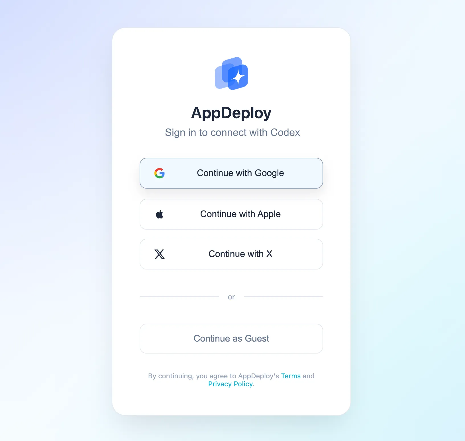 Authenticate and sign in to AppDeploy from Codex