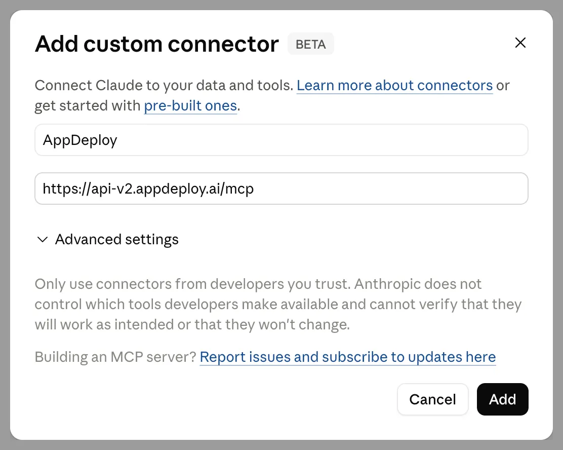 Enter AppDeploy name and Remote MCP server URL in Claude
