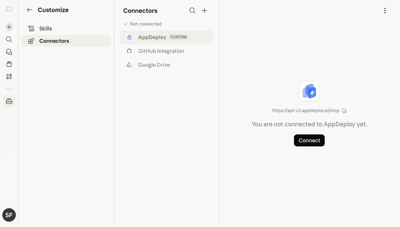Click Connect on the AppDeploy connector in Claude